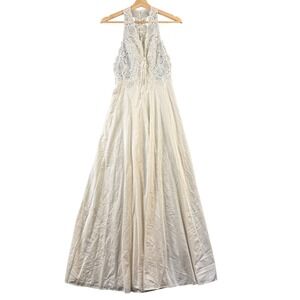Glydons Vintage 80s Cream Lace Halter Maxi Nightgown Medium V-Neck Sleeveless